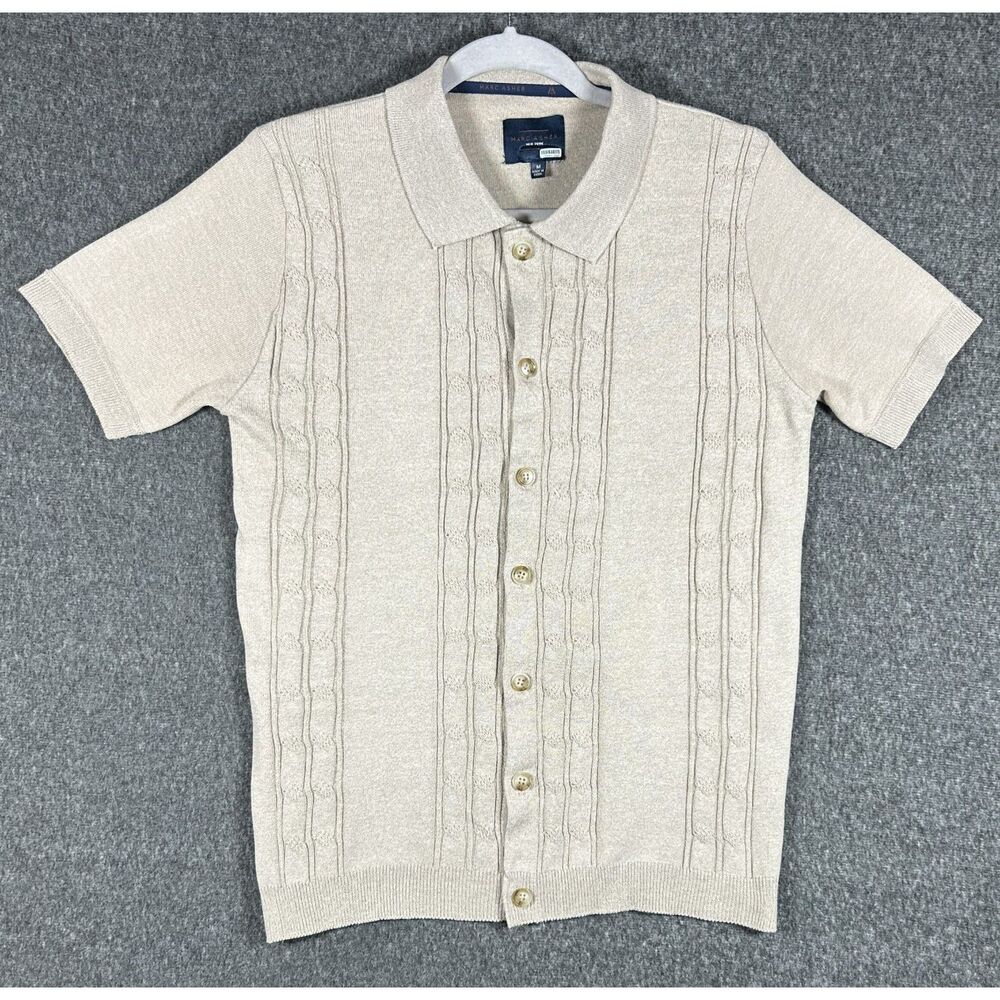 Marc Asher New York Men's Cable Knit Button-Down Polo Shirt, Beige/Sand, Size M